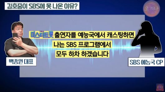 MBC 교양국 출신 김재환 전 PD가 자신의 유튜브 영상을 통해 과거 백종원 더본코리아 대표가 가수 김호중의 SBS 예능 섭외를 막았다고 주장했다. /사진=유튜브 영상 갈무리