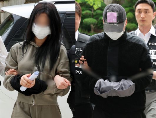 지난 17일 축구 국가대표팀 주장 손흥민을 상대로 돈을 받아내려해 공갈 혐의를 받고 있는 양씨(왼쪽, 20대 여성)와 용씨(40대 남성)가 서울 서초구 서울중앙지방법원에서 열린 구속 전 피의자심문(영장심사)에 출석하고 있다. /사진=뉴스1