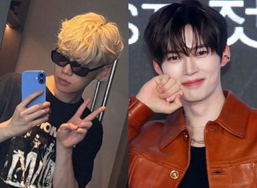 그룹 제로베이스원 김태래가 지난 26일 팬 소통 앱에 손가락으로 '브이'(V)자를 그린 사진을 올렸다가 파란색 휴대폰 케이스를 들고 브이를 그린 사진을 다시 올렸다. 김태래는 소속사에서 '브이' 포즈 주의를 당부 받았다고 전했다. 그룹 제로베이스원 성한빈은 손가락이 아닌 주먹을 볼에 갖단대는 포즈를 취했다. /사진=온라인 커뮤니티, 뉴시스