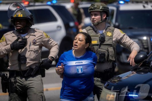 미국 이민세관단속국(ICE)가 7일(현지시간) 로스앤젤레스(LA)에서 대규모 불법 체류자 단속에 나선 가운데 시위대의 반발이 거세지고 있다. 2025.6.7. /로이터=뉴스1