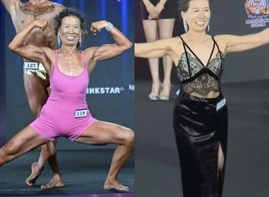 71세 중국 할머니 쑨밍후이가 지난 1일(현지시간) 중국 우한에서 열린 피트니스 대회에서 혼합복식 부문 3위를 차지했다./사진=중국 지무뉴스. 더우인(Douyin) 영상 캡처