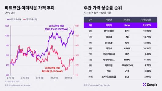 비트코인·이더리움 가격 추이와 주간 가격 상승률 순위(2025년 6월 13일 오후 12시 기준) /사진제공=쟁글