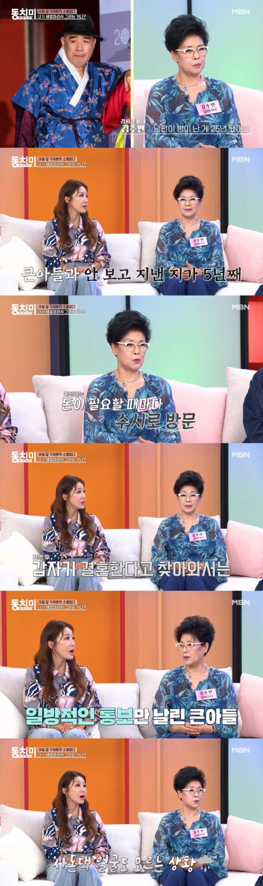 배우 김희라의 아내 김수연이 자신이 새엄마임을 뒤늦게 알게 된 후 아들이 비뚤어졌다며, 결국 절연까지 하게 된 사연을 전했다./사진=MBN '속풀이쇼 동치미' 선공개 영상