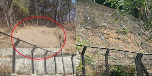 지난해 관악구 신림동 한 중학교 뒷편 토사물이 방치된 모습(왼쪽), 신림지구대 경찰관들의 요청으로 해당 위치에 산사태 방지용 그물망이 설치된 모습(오른쪽). /사진제공=관악경찰서.