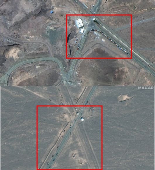 미국의 이란 핵 시설 공습 이전인 지난 19~20일에 촬영된 이란 포르도 핵 시설 위성사진. 포르도 핵 시설 지하 터널 입구에 길게 줄 서 대기하던 트럭 및 차량이 어디론가 이동하고 있는 모습이 포착됐다. /사진=민간 위성업체 맥사 테크놀로지