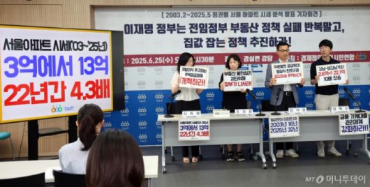 (서울=뉴스1) 김명섭 기자 = 25일 서울 종로구 경제정의실천시민연합 강당에서 토지주택위원회 위원들이 정권별 아파트 시세 분석 발표 기자회견을 하며 이재명 정부의 집값잡는 정책 추진을 촉구하고 있다.  2025.6.25/뉴스1  Copyright (C) 뉴스1. All rights reserved. 무단 전재 및 재배포,  AI학습 이용 금지. /사진=(서울=뉴스1) 김명섭 기자