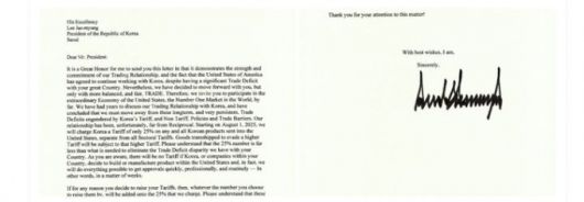 도널드 트럼프 미국 대통령이 7일(현지시간) 소셜미디어(SNS)에 공개한 관세 서한. 수취인을 이재명 대통령으로, 상호관세율은 25%로 적시했다. /사진=도널드 트럼프 미국 대통령 SNS.