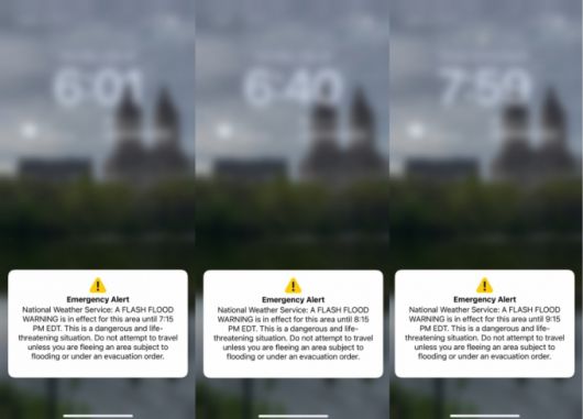 14일(현지시간) 기록적인 폭우로 당국이 재난문자를 발송했다. /사진=심재현 특파원