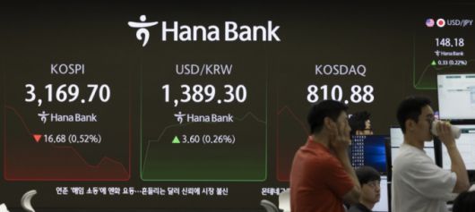 17일 오전 서울 중구 하나은행 본점 딜링룸 전광판에 지수가 나오고 있다./사진제공=뉴시스