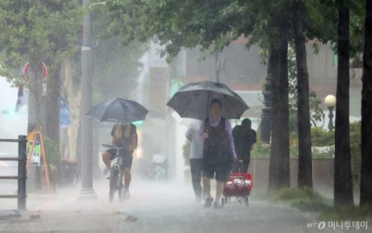 [대구=뉴시스] 이무열 기자 = 대구 지역 호우경보가 발효된 17일 대구 남구청네거리 인근에서 우산을 쓴 시민들이 이동하고 있다. 2025.07.17. lmy@newsis.com /사진=이무열