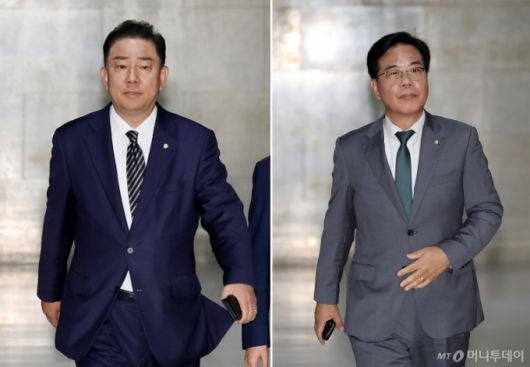 [서울=뉴시스] 김명년 기자 = 김병기(왼쪽 사진) 더불어민주당 대표 직무대행 겸 원내대표와 송언석(오른쪽 사진) 국민의힘 비상대책위원장 겸 원내대표가 18일 오후 서울 여의도 국회 운영위원장실에서 열린 여야 원내대표 회동을 위해 이동하고 있다. 2025.07.18. kmn@newsis.com /사진=김명년