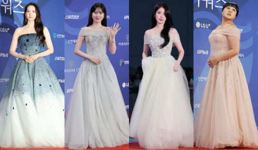 지난 18일 오후 인천 중구 파라다이스시티에서 열린 '제4회 청룡시리즈어워즈' 레드카펫 행사에 참석한 배우 임윤아 박은빈 아이유(이지은) 개그우먼 이수지 /사진=이동훈 기자