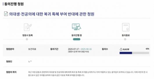 지난 17일 게재된 '의대생·전공의에 대한 복귀 특혜 부여 반대에 관한 청원'. /사진=국회전자청원 홈페이지