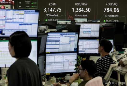 4일 서울 중구 하나은행 딜링룸에서 직원들이 업무를 보고 있다. 코스피는 전 거래일(3119.41)보다 28.34포인트(0.91%) 오른 3147.75에, 코스닥 지수는 전 거래일(772.79)보다 11.27포인트(1.46%) 상승한 784.06에 거래를 마쳤다. 서울 외환시장에서 원·달러 환율은 전 거래일(1401.4원)보다 16.2원 내린 1385.2원에 주간 거래를 마감했다./사진=뉴시스