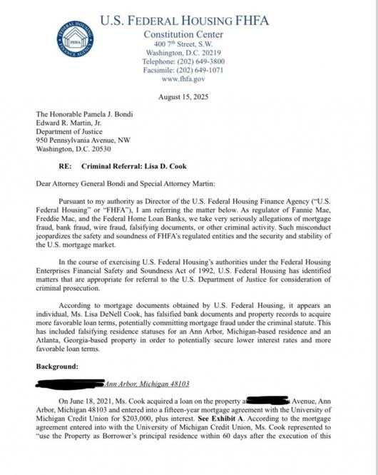 빌 풀트 연방주택금융청(FHFA) 국장이 15일(현지시간) 팸 본디 법무장관에 보낸 리사 쿡 이사에 대한 주택담보대출(모기지) 사기 의혹 조사 요청 서한 /사진=풀트 국장 X