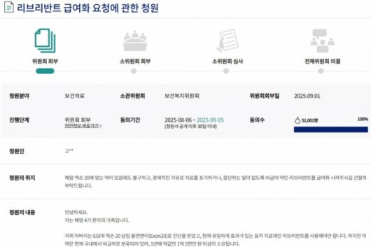 국회 국민동의 청원에 리브리반트의 급여화 요청 청원이 올라왔고 5만명 이상의 동의를 얻어 국회 보건복지위원회에 회부될 예정이다. 이 청원인은 1년 리브리반트 약값만 1억5000만원가량이 들어 경제적 부담이 크다고 호소했다./사진= 국민동의 청원 캡처