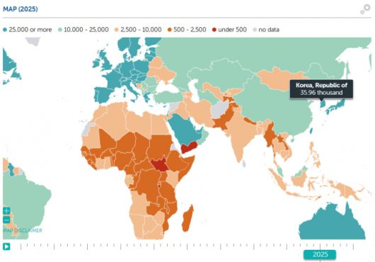 IMF가 공개한 '세계경제전망(World Economic Outlook)' 보고서 속 국가별 1인당 GDP 현황.