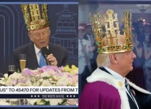 도널드 트럼프 미국 대통령이 지난달 29일 한미 정상회담에 앞서 이재명 대통령으로부터 신라 천마총 금관 모형을 선물 받은 뒤 흡족해 하는 모습이 화제가 된 이후, 금관을 합성한 트럼프 대통령의 모습이 밈(Meme)으로 확산하고 있다. /사진=투나잇쇼 방송화면, 엑스 갈무리