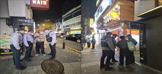 경찰이 지난 6일 강동구 천호동 일대 길거리에서 로맨스스캠 피해를 당할 뻔 한 남성을 발견해 예방 조처를 하고 있다./사진=서울경찰청