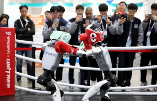 [대구=뉴시스] 이무열 기자 = 23일 대구 북구 엑스코에서 열린 미래혁신기술박람회(FIX 2025)에서 관람객들이 중국 로봇 기업 유니트리 로보틱스(Unitree Robotics)가 개발한 휴머노이드 로봇 'G1' 복싱 경기 시연을 보고 있다.  FIX 2025는 미래형 모빌리티와 로봇 산업의 융합을 주제로 25일 까지 엑스코 전관에서 진행된다. 2025.10.23