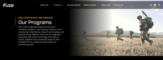 미국 육군이 민간 액셀러레이터 '와이콤비네이터'와 가동한 '퓨즈' 프로그램. 이 프로그램은 아이디어를 실전으로 전환하는 통합 생태계를 형성하며, 육군 준비태세를 강화하는 동시에 미국 경제 성장을 촉진하는 솔루션을 가속화한다고 홈페이지에 설명돼 있다. / 사진=미 육군