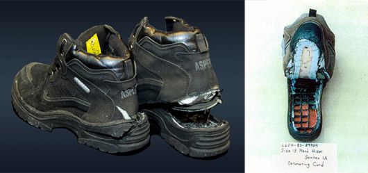 리처드 리드가 2001년 12월 22일(현지시간) 아메리칸 항공 63편 여객기 안에서 터뜨리려고 했던 운동화의 모습. 밑창 아래에는 비행기 동체에 구멍을 내 추락시킬 만큼의 강력한 폭발력을 지닌 283g의 폭발물이 들어 있었다. /로이터=뉴스1, FBI 공식 홈페이지