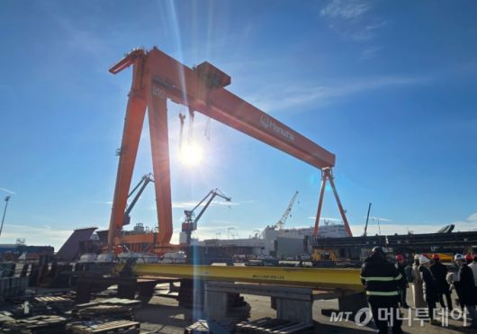 미국 펜실베이니아주 필라델피아의 한화필리조선소. 골리앗 크레인에 '한화'(HANWHA)라는 문구가 선명하다. /필라델피아(미국)=심재현 특파원