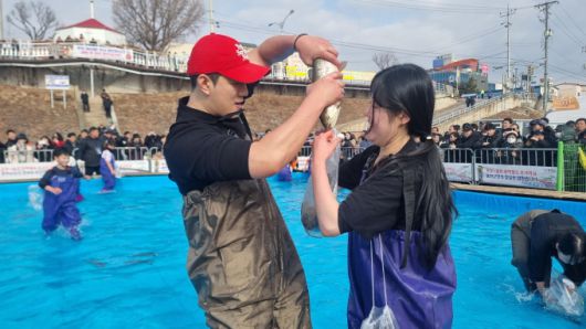 ▲홍천강꽁꽁축제의 인삼송어 맨손잡기 현장/사진제공=홍천문화재단