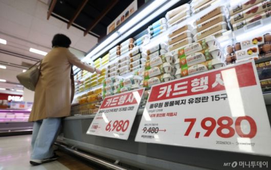 (서울=뉴스1) 오대일 기자 = 고병원성 조류 인플루엔자(AI) 확산으로 계란 수급 불안 우려가 커지는 가운데 6일 서울 시내의 한 대형마트에 계란이 진열돼 있다. 축산 유통 정보 ‘다봄’에 따르면 이달 4일 기준 전국 평균 계란 한 판(특란 30구) 가격은 7045원으로 지난해(6206원)보다 13.5% 높아졌다.  2026.1.6/뉴스1  Copyright (C) 뉴스1. All rights reserved. 무단 전재 및 재배포,  AI학습 이용 금지. /사진=(서울=뉴스1) 오대일 기자