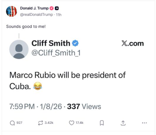 마크 루비오 국무장관이 다음 쿠바 대통령이 될 수 있다는 글을 공유하며 "좋은 생각"이라고 자신의 코멘트를 덧붙인 도널드 트럼프 대통령/사진=트루스소셜.