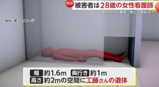 마츠쿠라 도시히코(49)가 운영하던 일본 홋카이도한 술집 벽 안에서 간호사 쿠도 히나노(28)의 시신이 발견됐다./사진=일본 TBS 방송 화면