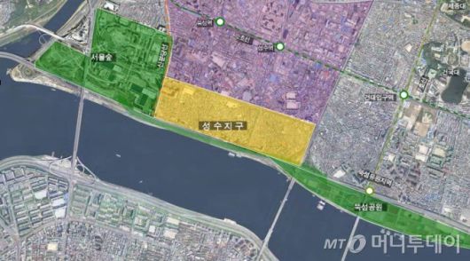 한강변 초고층 전략정비구역 중 첫 사업지로 선정된 성수지구 위치도