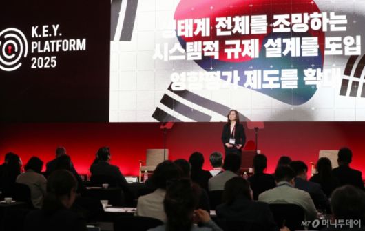 윤혜선 한양대학교 법학전문대학원 교수가 24일 영등포구 콘래드 서울 호텔에서 머니투데이 주최로 진행된 '2025 키플랫폼' 총회에서 'Key AI Platform Korea: 제도로 만드는 AI 강국'을 주제로 발표하고 있다. /사진=이기범