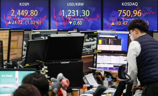 1일 오후 서울 중구 하나은행 딜링룸 전광판에 코스피 지수 등이 표시되고 있다./뉴스1