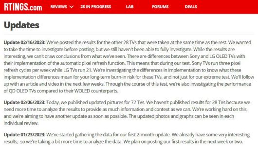 북미 IT 전문매체 알팅스가 정기적으로 업데이트하는 OLED TV 수명 테스트 결과./알팅스 캡처