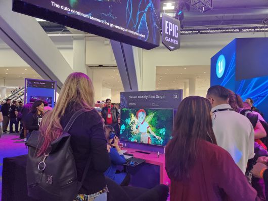 게임 개발자 컨퍼런스(GDC) 2023이 열린 미국 샌프란시스코 모스콘센터에서 관람객이 넷마블의 게임을 시연하고 있다./샌프란시스코=이소연 기자