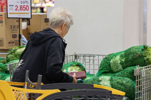 9일 오후 서울 시내 한 이마트를 찾은 시민이 배추를 고르고 있다. /연합뉴스