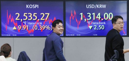 12일 서울 중구 하나은행 딜링룸 전광판에 코스피 지수가 전일 대비 9.91포인트(0.39%) 상승한 2,535.27을, 원·달러환율은 2.50원 하락한 1314.0원을 나타내고 있다./뉴스1