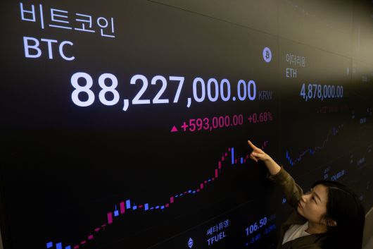 가상화폐 비트코인이 사상 최고가를 경신했다. 2월 29일 서울 강남구 업비트 라운지에 비트코인 시세가 나오고 있다. /뉴스1