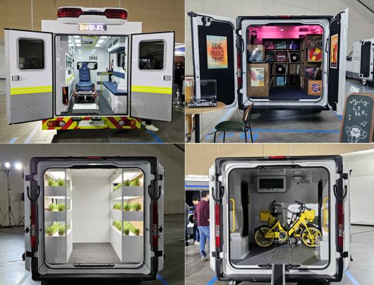 현대차 ST1을 (왼쪽 위부터 시계방향) 구급차, LP 바, 전기 바이크 충전차, 이동식 스마트 팜으로 개발한 사례. /고성민 기자