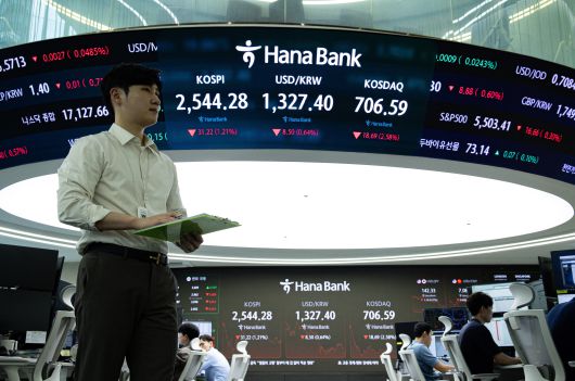 6일 오후 서울 중구 하나은행 본점 딜링룸 전광판에 증시 종가가 표시되고 있다. /뉴스1