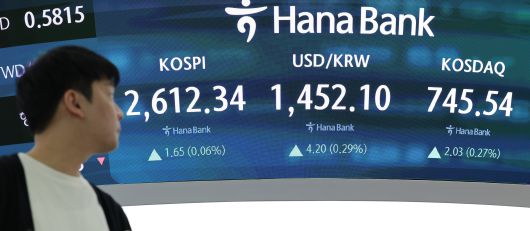 코스피가 거래 장중 7분간 멈춘 18일 오후 서울 중구 하나은행 본점 딜링룸 전광판에 코스피 지수가 표시되고 있다. /뉴스1
