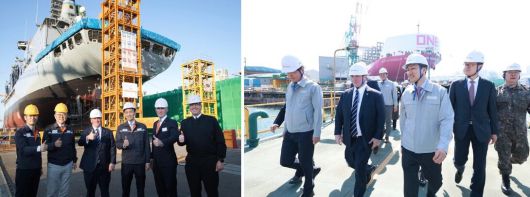 존 펠런 미국 해군성 장관이 4월 30일 한화오션 거제사업장과 HD현대중공업 울산조선소를 둘러봤다. 왼쪽 사진은 펠런(왼쪽 세번째) 장관과 김동관(왼쪽 네번째) 한화그룹 부회장, 오른쪽 사진은 펠런 장관과 정기선(앞줄 오른쪽) HD현대 수석부회장이 만난 모습./한화오션 HD현대 제공
