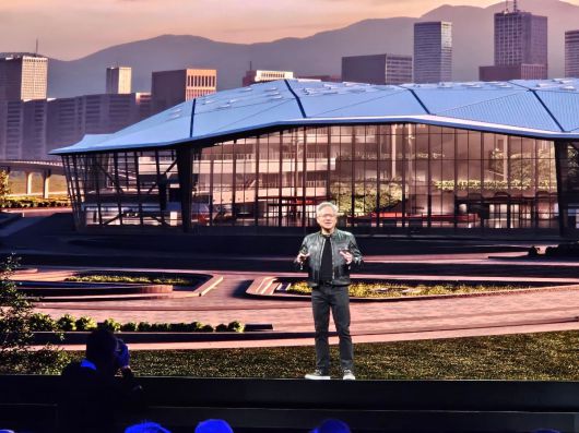 19일(현지시각) 아시아 최대 IT·컴퓨팅 전시회 '컴퓨텍스 2025' 개막 전날 엔비디아의 기조연설에서 젠슨 황 엔비디아 최고경영자(CEO)가 대만에 새롭게 지을 엔비디아 사무실 시안을 공개하고 있다./타이베이=전병수 기자