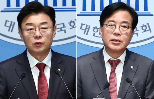 국민의힘 김성원(왼쪽), 송언석 의원이 12일 오전 서울 여의도 국회 소통관에서 각각 원내대표 출마 기자회견을 하고 있다. /뉴스1