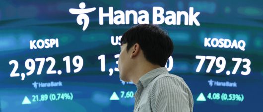 18일 서울 중구 하나은행 본점 딜링룸 전광판에 코스피 지수가 표시되고 있다. 이날 코스피 지수는 전 거래일 대비 21.89포인트(0.74%) 오른 2972.19로 마감했다./뉴스1