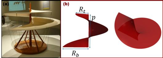 레오나르도 다빈치의 공중 나사 3D 모델(왼쪽)과 시뮬레이션의 회전 모습(오른쪽)./arXiv