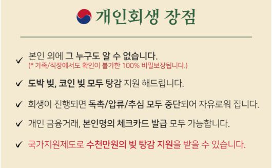 한 개인회생 영업 광고 사이트의 문구. 도박 빚과 코인 빚도 모두 탕감할 수 있다는 문구가 눈에 띈다. /인스타그램 캡처