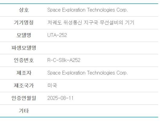 스페이스X ‘저궤도 위성통신 지구국 무선설비의 기기’(모델명 UTA-252)에 대한 적합성평가 결과./국립전파연구원 홈페이지 캡처