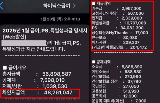 지난 1월 SK하이닉스 직원의 급여명세서./ 보배드림